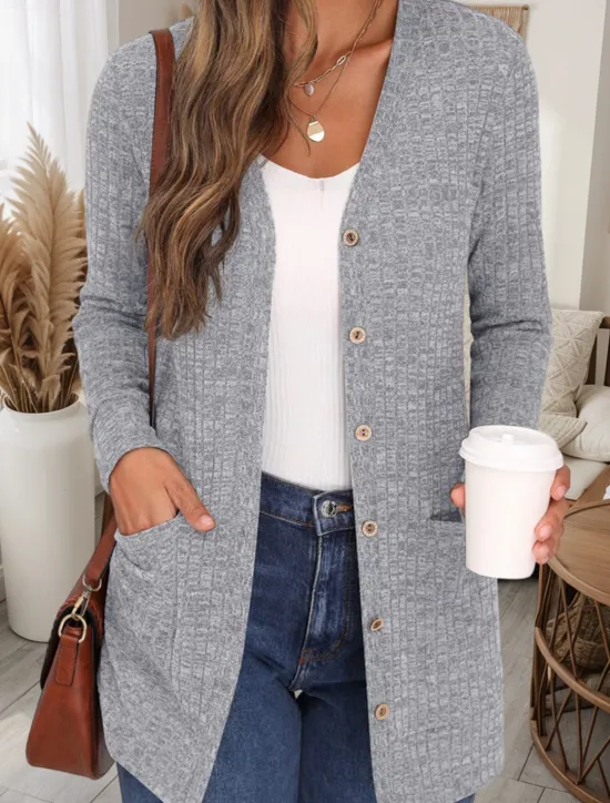 Best Women's Sweater Cardigan Casual Soft Pure Color Ribbed V Neck Buttons Pocket Knitted Long Sleeve Regular Tops Knit Outdoor Daily Weekend Dusty Rose Khaki Fall Winter Women Cardigans & Outerwears