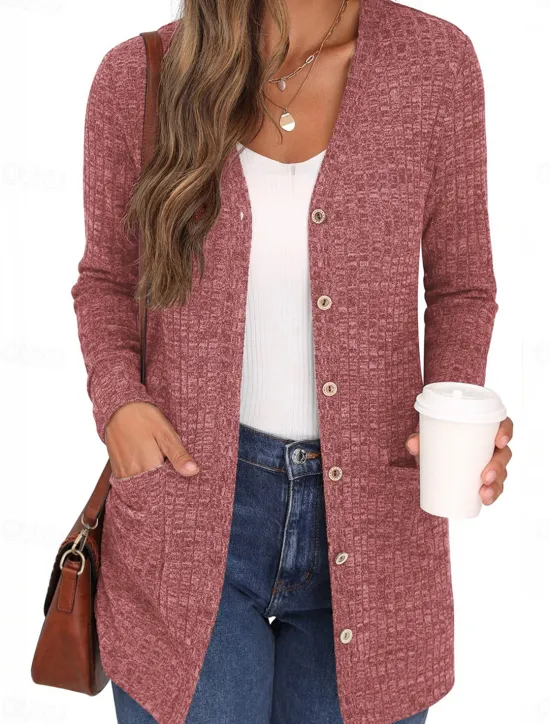 Best Women's Sweater Cardigan Casual Soft Pure Color Ribbed V Neck Buttons Pocket Knitted Long Sleeve Regular Tops Knit Outdoor Daily Weekend Dusty Rose Khaki Fall Winter Women Cardigans & Outerwears