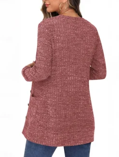 Best Women's Sweater Cardigan Casual Soft Pure Color Ribbed V Neck Buttons Pocket Knitted Long Sleeve Regular Tops Knit Outdoor Daily Weekend Dusty Rose Khaki Fall Winter Women Cardigans & Outerwears
