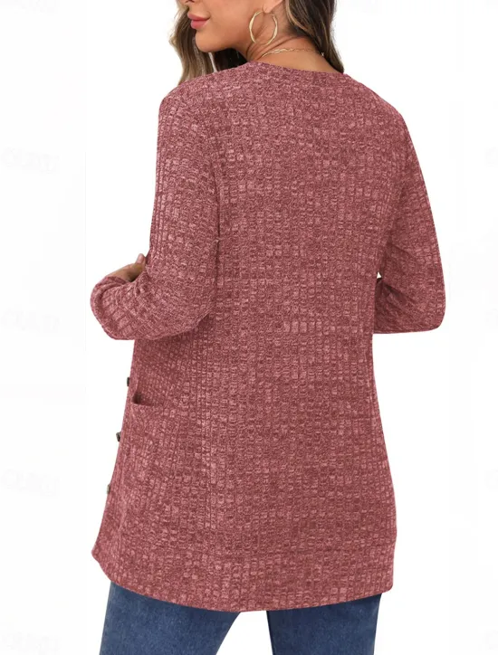 Best Women's Sweater Cardigan Casual Soft Pure Color Ribbed V Neck Buttons Pocket Knitted Long Sleeve Regular Tops Knit Outdoor Daily Weekend Dusty Rose Khaki Fall Winter Women Cardigans & Outerwears