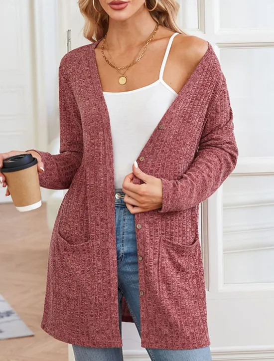 Best Women's Sweater Cardigan Casual Soft Pure Color Ribbed V Neck Buttons Pocket Knitted Long Sleeve Regular Tops Knit Outdoor Daily Weekend Dusty Rose Khaki Fall Winter Women Cardigans & Outerwears