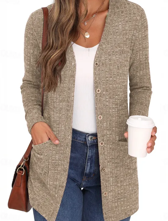 Best Women's Sweater Cardigan Casual Soft Pure Color Ribbed V Neck Buttons Pocket Knitted Long Sleeve Regular Tops Knit Outdoor Daily Weekend Dusty Rose Khaki Fall Winter Women Cardigans & Outerwears