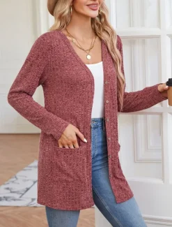 Best Women's Sweater Cardigan Casual Soft Pure Color Ribbed V Neck Buttons Pocket Knitted Long Sleeve Regular Tops Knit Outdoor Daily Weekend Dusty Rose Khaki Fall Winter Women Cardigans & Outerwears