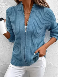 Outlet Women's Sweater Cardigan Casual Soft Pure Color Ribbed Stand Collar Zipper Knitted Long Sleeve Regular Tops Knit Outdoor Daily Weekend Fall Winter Women Cardigans & Outerwears