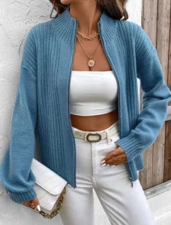 Outlet Women's Sweater Cardigan Casual Soft Pure Color Ribbed Stand Collar Zipper Knitted Long Sleeve Regular Tops Knit Outdoor Daily Weekend Fall Winter Women Cardigans & Outerwears