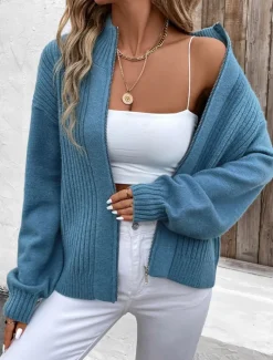 Outlet Women's Sweater Cardigan Casual Soft Pure Color Ribbed Stand Collar Zipper Knitted Long Sleeve Regular Tops Knit Outdoor Daily Weekend Fall Winter Women Cardigans & Outerwears