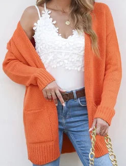 Sale Women's Sweater Cardigan Casual Soft Pure Color Ribbed Open Front Pocket Knitted Long Sleeve Regular Tops Knit Outdoor Daily Weekend Fall Winter Women Cardigans & Outerwears