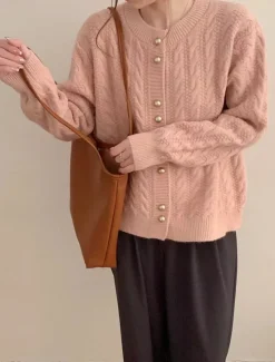 Hot Women's Sweater Cardigan Casual Soft Pure Color Cable Crew Neck Buttons Knitted Long Sleeve Regular Tops Knit Outdoor Daily Weekend White Pink Fall Winter Women Cardigans & Outerwears