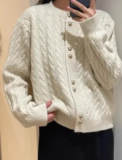 Hot Women's Sweater Cardigan Casual Soft Pure Color Cable Crew Neck Buttons Knitted Long Sleeve Regular Tops Knit Outdoor Daily Weekend White Pink Fall Winter Women Cardigans & Outerwears