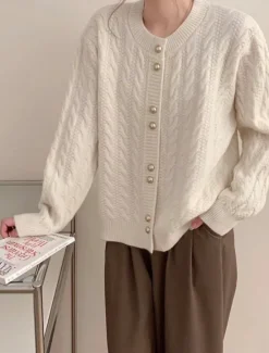 Hot Women's Sweater Cardigan Casual Soft Pure Color Cable Crew Neck Buttons Knitted Long Sleeve Regular Tops Knit Outdoor Daily Weekend White Pink Fall Winter Women Cardigans & Outerwears