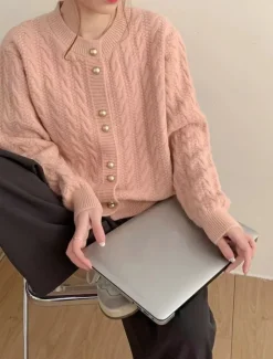 Hot Women's Sweater Cardigan Casual Soft Pure Color Cable Crew Neck Buttons Knitted Long Sleeve Regular Tops Knit Outdoor Daily Weekend White Pink Fall Winter Women Cardigans & Outerwears