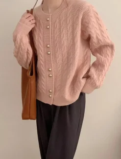 Hot Women's Sweater Cardigan Casual Soft Pure Color Cable Crew Neck Buttons Knitted Long Sleeve Regular Tops Knit Outdoor Daily Weekend White Pink Fall Winter Women Cardigans & Outerwears