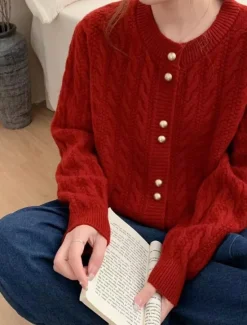 Hot Women's Sweater Cardigan Casual Soft Pure Color Cable Crew Neck Buttons Knitted Long Sleeve Regular Tops Knit Outdoor Daily Weekend White Pink Fall Winter Women Cardigans & Outerwears