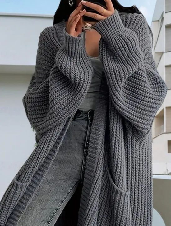 Hot Women's Sweater Cardigan Casual Soft Pure Color Chunky Open Front Buttons Knitted Long Sleeve Long Tops Knit Outdoor Daily Weekend Dark Gray Beige Fall Winter Women Cardigans & Outerwears