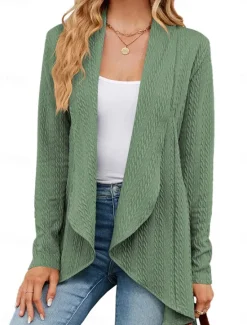 Sale Women's Sweater Cardigan Casual Soft Pure Color Ribbed Shirt Collar Knitted Long Sleeve Regular Tops Knit Outdoor Daily Weekend Navy Blue Green Fall Winter Women Cardigans & Outerwears