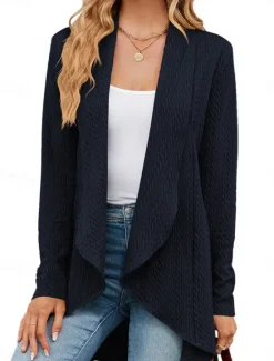 Sale Women's Sweater Cardigan Casual Soft Pure Color Ribbed Shirt Collar Knitted Long Sleeve Regular Tops Knit Outdoor Daily Weekend Navy Blue Green Fall Winter Women Cardigans & Outerwears