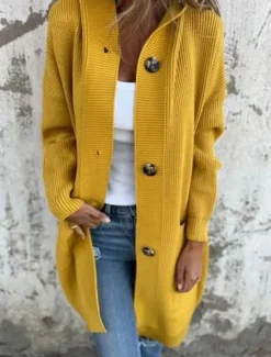 Best Women's Sweater Cardigan Casual Soft Pure Color Ribbed Hooded Buttons Pocket Knitted Long Sleeve Long Tops Knit Outdoor Daily Weekend Black Yellow Fall Winter Women Cardigans & Outerwears