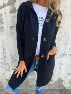 Best Women's Sweater Cardigan Casual Soft Pure Color Ribbed Hooded Buttons Pocket Knitted Long Sleeve Long Tops Knit Outdoor Daily Weekend Black Yellow Fall Winter Women Cardigans & Outerwears