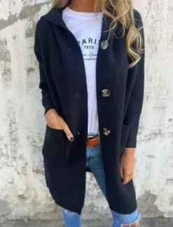Best Women's Sweater Cardigan Casual Soft Pure Color Ribbed Hooded Buttons Pocket Knitted Long Sleeve Long Tops Knit Outdoor Daily Weekend Black Yellow Fall Winter Women Cardigans & Outerwears
