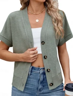 Online Women's Sweater Cardigan Casual Soft Pure Color Ribbed V Neck Buttons Knitted Short Sleeves Regular Tops Knit Outdoor Daily Weekend Black Green Summer Women Cardigans & Outerwears