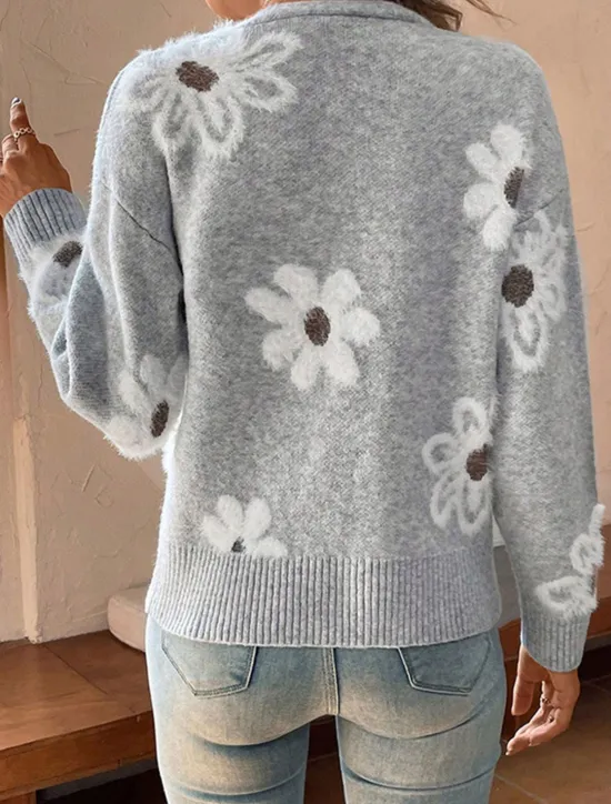 Best Women's Sweater Cardigan Casual Soft Floral Ribbed V Neck Buttons Knitted Long Sleeve Regular Tops Knit Outdoor Daily Weekend Black Light Grey Fall Winter Women Cardigans & Outerwears