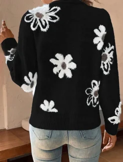 Best Women's Sweater Cardigan Casual Soft Floral Ribbed V Neck Buttons Knitted Long Sleeve Regular Tops Knit Outdoor Daily Weekend Black Light Grey Fall Winter Women Cardigans & Outerwears
