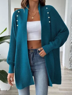 Discount Women's Sweater Cardigan Casual Soft Pure Color Ribbed Open Front Beaded Knitted Long Sleeve Long Tops Knit Outdoor Daily Weekend Black Blue Fall Winter Women Cardigans & Outerwears