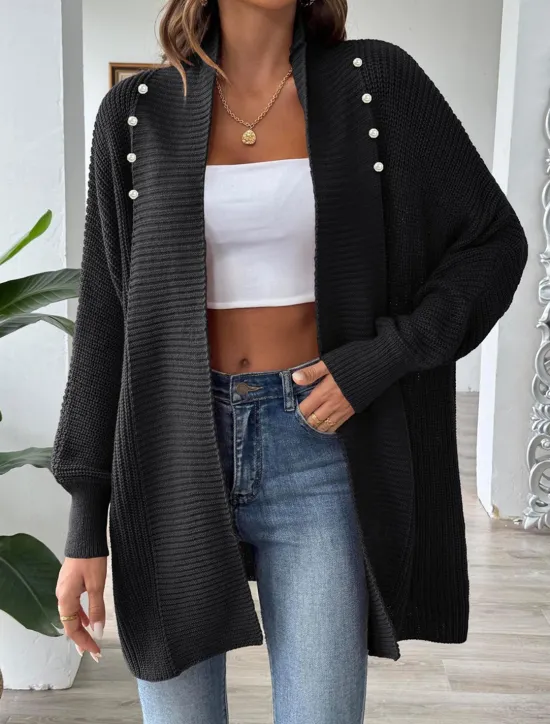 Discount Women's Sweater Cardigan Casual Soft Pure Color Ribbed Open Front Beaded Knitted Long Sleeve Long Tops Knit Outdoor Daily Weekend Black Blue Fall Winter Women Cardigans & Outerwears