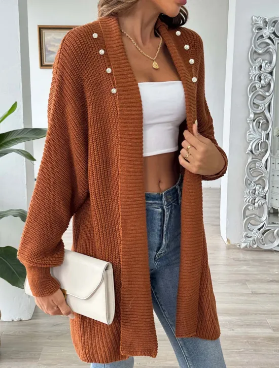 Discount Women's Sweater Cardigan Casual Soft Pure Color Ribbed Open Front Beaded Knitted Long Sleeve Long Tops Knit Outdoor Daily Weekend Black Blue Fall Winter Women Cardigans & Outerwears