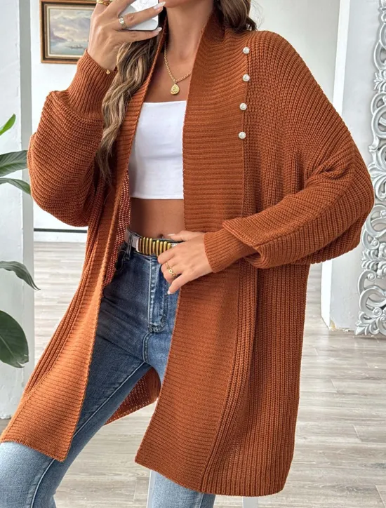 Discount Women's Sweater Cardigan Casual Soft Pure Color Ribbed Open Front Beaded Knitted Long Sleeve Long Tops Knit Outdoor Daily Weekend Black Blue Fall Winter Women Cardigans & Outerwears