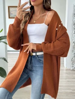 Discount Women's Sweater Cardigan Casual Soft Pure Color Ribbed Open Front Beaded Knitted Long Sleeve Long Tops Knit Outdoor Daily Weekend Black Blue Fall Winter Women Cardigans & Outerwears