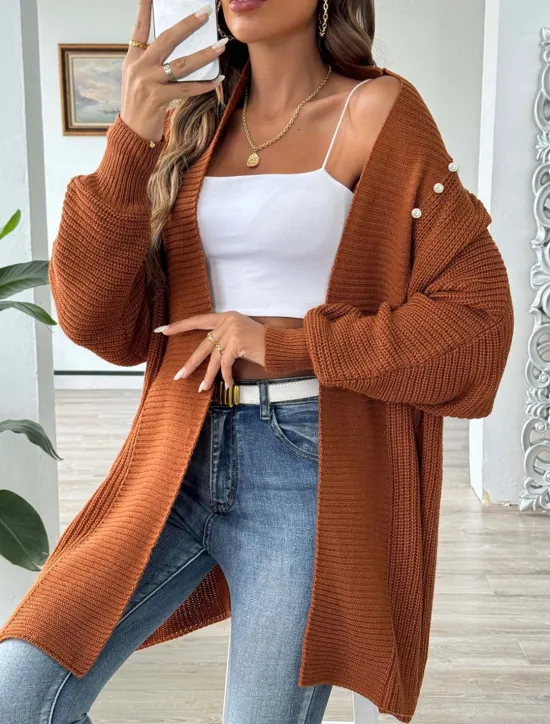 Discount Women's Sweater Cardigan Casual Soft Pure Color Ribbed Open Front Beaded Knitted Long Sleeve Long Tops Knit Outdoor Daily Weekend Black Blue Fall Winter Women Cardigans & Outerwears