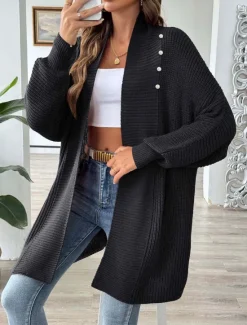 Discount Women's Sweater Cardigan Casual Soft Pure Color Ribbed Open Front Beaded Knitted Long Sleeve Long Tops Knit Outdoor Daily Weekend Black Blue Fall Winter Women Cardigans & Outerwears