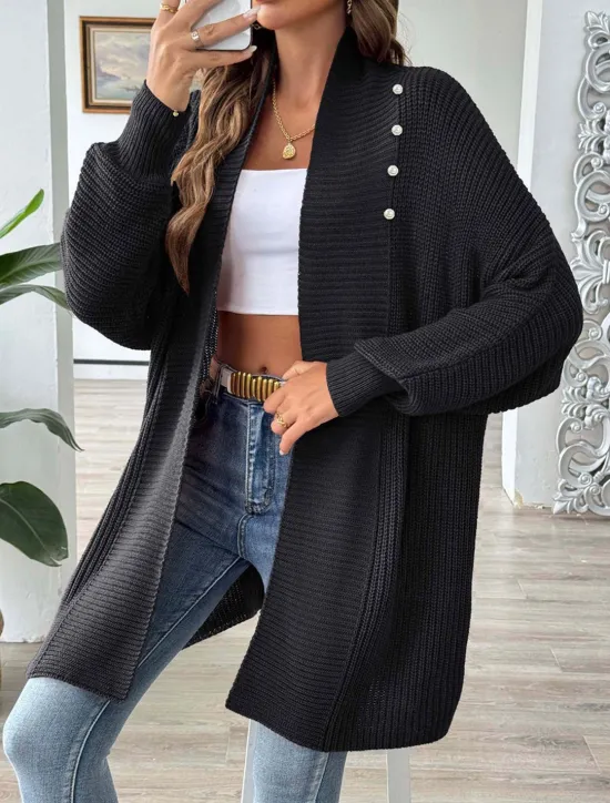 Discount Women's Sweater Cardigan Casual Soft Pure Color Ribbed Open Front Beaded Knitted Long Sleeve Long Tops Knit Outdoor Daily Weekend Black Blue Fall Winter Women Cardigans & Outerwears