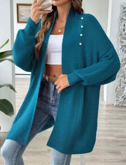 Discount Women's Sweater Cardigan Casual Soft Pure Color Ribbed Open Front Beaded Knitted Long Sleeve Long Tops Knit Outdoor Daily Weekend Black Blue Fall Winter Women Cardigans & Outerwears