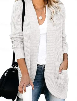 Online Women's Sweater Cardigan Casual Soft Pure Color Ribbed Open Front Pocket Knitted Long Sleeve Regular Tops Knit Outdoor Daily Weekend Black White Fall Winter Women Cardigans & Outerwears