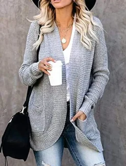 Online Women's Sweater Cardigan Casual Soft Pure Color Ribbed Open Front Pocket Knitted Long Sleeve Regular Tops Knit Outdoor Daily Weekend Black White Fall Winter Women Cardigans & Outerwears