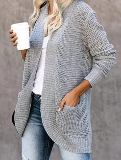 Online Women's Sweater Cardigan Casual Soft Pure Color Ribbed Open Front Pocket Knitted Long Sleeve Regular Tops Knit Outdoor Daily Weekend Black White Fall Winter Women Cardigans & Outerwears