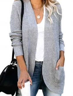 Online Women's Sweater Cardigan Casual Soft Pure Color Ribbed Open Front Pocket Knitted Long Sleeve Regular Tops Knit Outdoor Daily Weekend Black White Fall Winter Women Cardigans & Outerwears