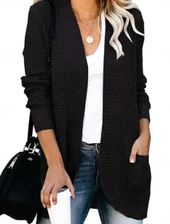 Online Women's Sweater Cardigan Casual Soft Pure Color Ribbed Open Front Pocket Knitted Long Sleeve Regular Tops Knit Outdoor Daily Weekend Black White Fall Winter Women Cardigans & Outerwears
