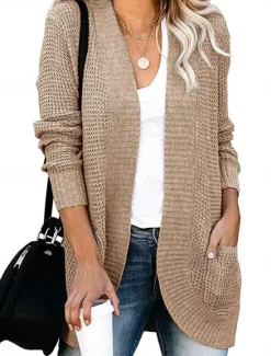 Online Women's Sweater Cardigan Casual Soft Pure Color Ribbed Open Front Pocket Knitted Long Sleeve Regular Tops Knit Outdoor Daily Weekend Black White Fall Winter Women Cardigans & Outerwears