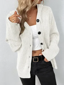 New Women's Sweater Cardigan Casual Soft Pure Color Ribbed Hooded Buttons Knitted Long Sleeve Regular Tops Knit Outdoor Daily Weekend Black White Fall Winter Women Cardigans & Outerwears