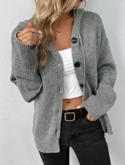 New Women's Sweater Cardigan Casual Soft Pure Color Ribbed Hooded Buttons Knitted Long Sleeve Regular Tops Knit Outdoor Daily Weekend Black White Fall Winter Women Cardigans & Outerwears
