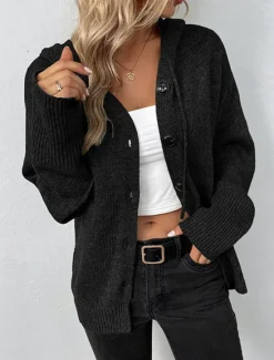 New Women's Sweater Cardigan Casual Soft Pure Color Ribbed Hooded Buttons Knitted Long Sleeve Regular Tops Knit Outdoor Daily Weekend Black White Fall Winter Women Cardigans & Outerwears