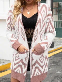 Sale Women's Sweater Cardigan Casual Soft Geometric Ribbed V Neck Pocket Knitted Long Sleeve Regular Tops Knit Outdoor Daily Weekend Black Pink Fall Winter Women Cardigans & Outerwears