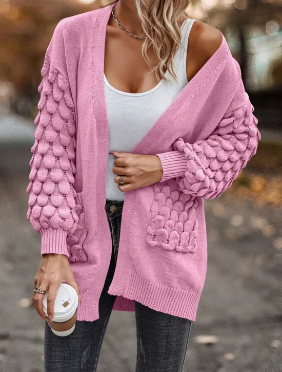 Online Women's Sweater Cardigan Casual Soft Pure Color Ribbed Open Front Pocket Knitted Long Sleeve Regular Tops Knit Outdoor Daily Weekend Pink Brown Fall Winter Women Cardigans & Outerwears