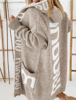 Discount Women's Sweater Cardigan Casual Soft Letter Ribbed Hooded Pocket Knitted Long Sleeve Long Tops Knit Outdoor Daily Weekend Light Brown Gray Fall Winter Women Cardigans & Outerwears