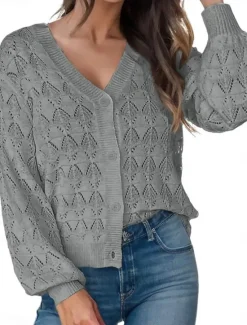Outlet Women's Sweater Cardigan Casual Soft Pure Color Crochet V Neck Buttons Pocket Knitted Long Sleeve Regular Tops Knit Outdoor Daily Weekend Green Khaki Summer Spring Women Cardigans & Outerwears