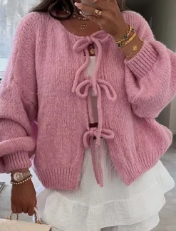Sale Women's Sweater Cardigan Casual Soft Pure Color Ribbed Crew Neck Knitted Long Sleeve Regular Tops Knit Outdoor Daily Weekend Pink Beige Fall Winter Women Cardigans & Outerwears