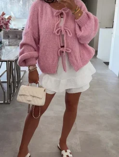 Sale Women's Sweater Cardigan Casual Soft Pure Color Ribbed Crew Neck Knitted Long Sleeve Regular Tops Knit Outdoor Daily Weekend Pink Beige Fall Winter Women Cardigans & Outerwears